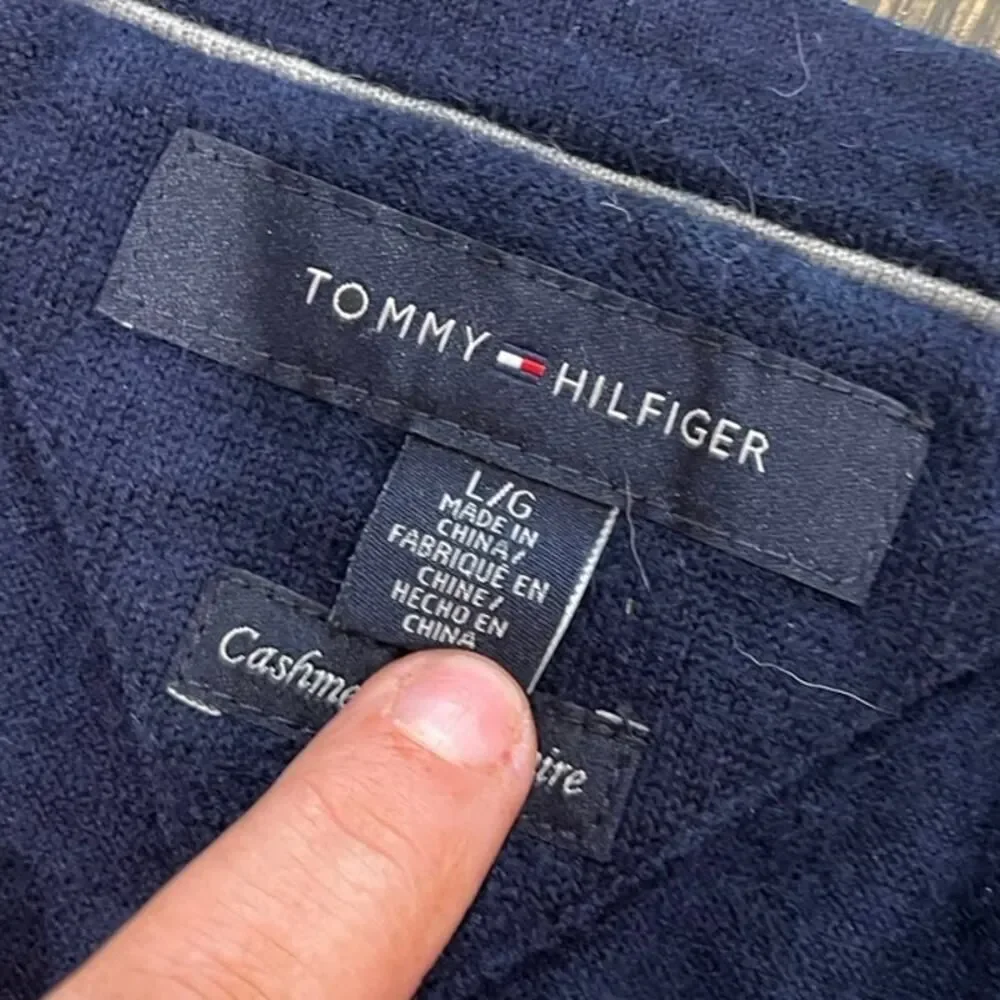 Tommy Hilfiger Mens Sweater V-Neck 100% Cashmere Pullover Navy Blue Size Large
